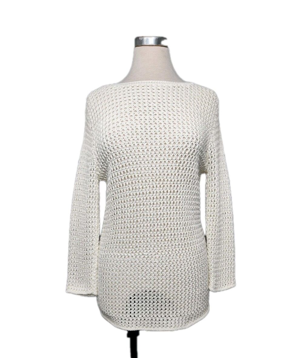 Lauren Ralph Lauren Sweater Open Knit White Long Sleeve Womens M Boat Neck Chic
